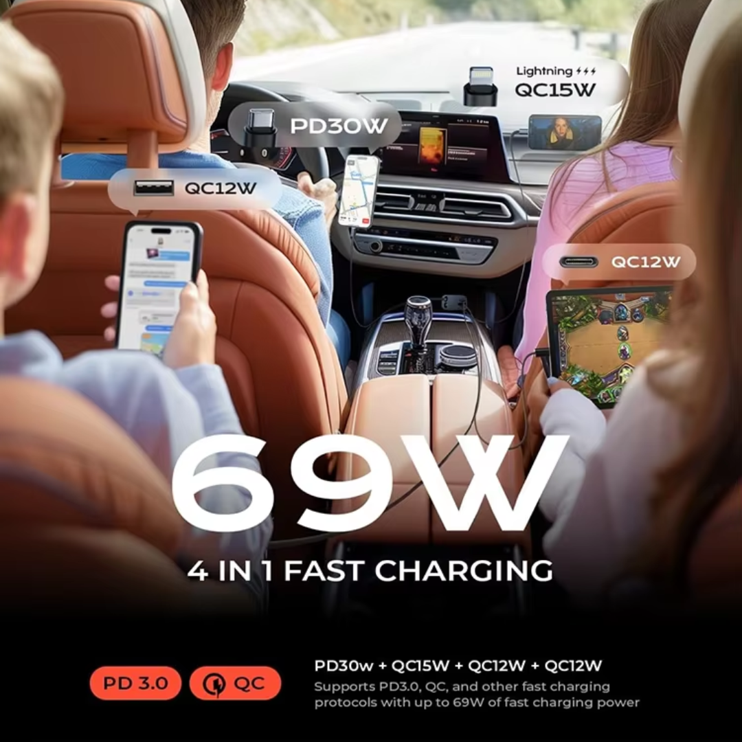 69W Genuine 4 in 1 Car Charger with Built-in Retractable Cables