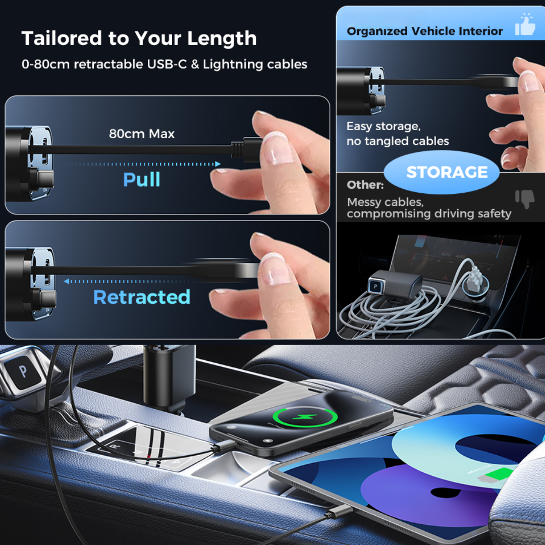 69W Genuine 4 in 1 Car Charger  with Built-in Retractable Cables