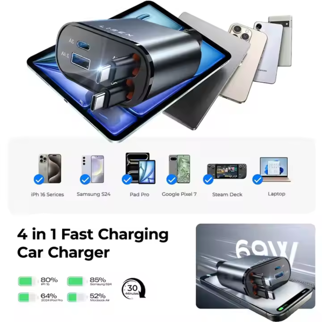 69W Genuine 4 in 1 Car Charger  with Built-in Retractable Cables