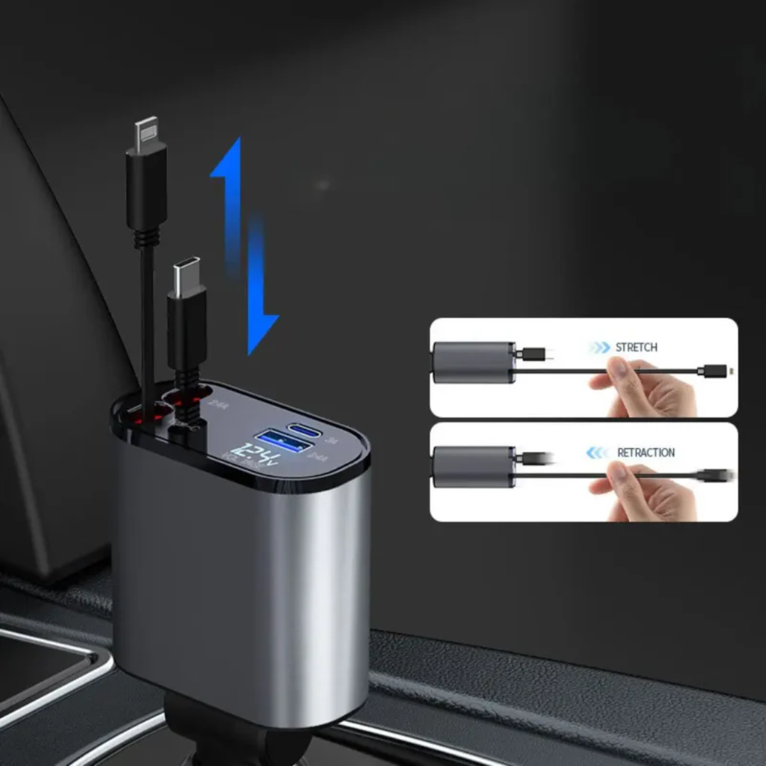 69W Genuine 4 in 1 Car Charger  with Built-in Retractable Cables