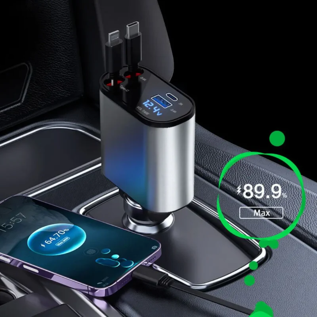 69W Genuine 4 in 1 Car Charger  with Built-in Retractable Cables