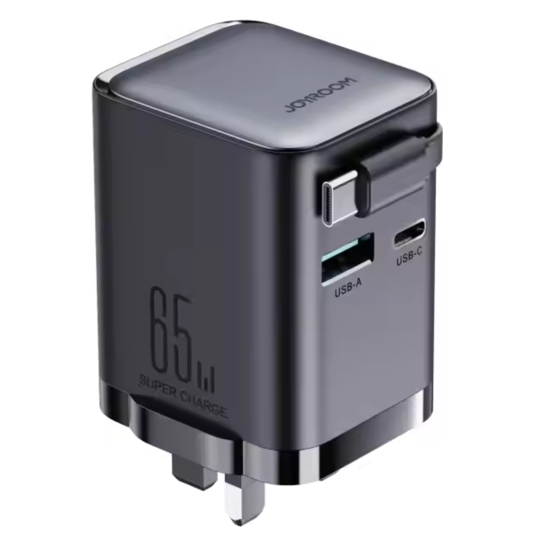 65W GAN Dual Port Fast Charger with Built-in Retractable Cable
