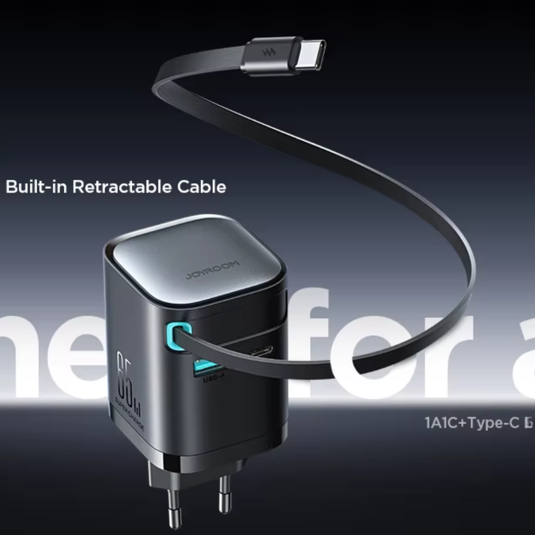 65W GAN Dual Port Fast Charger with Built-in Retractable Cable