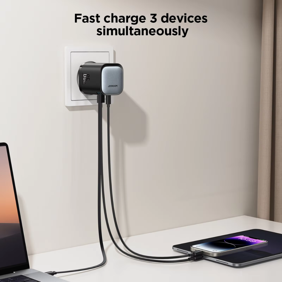 65W GAN Dual Port Fast Charger with Built-in Retractable Cable
