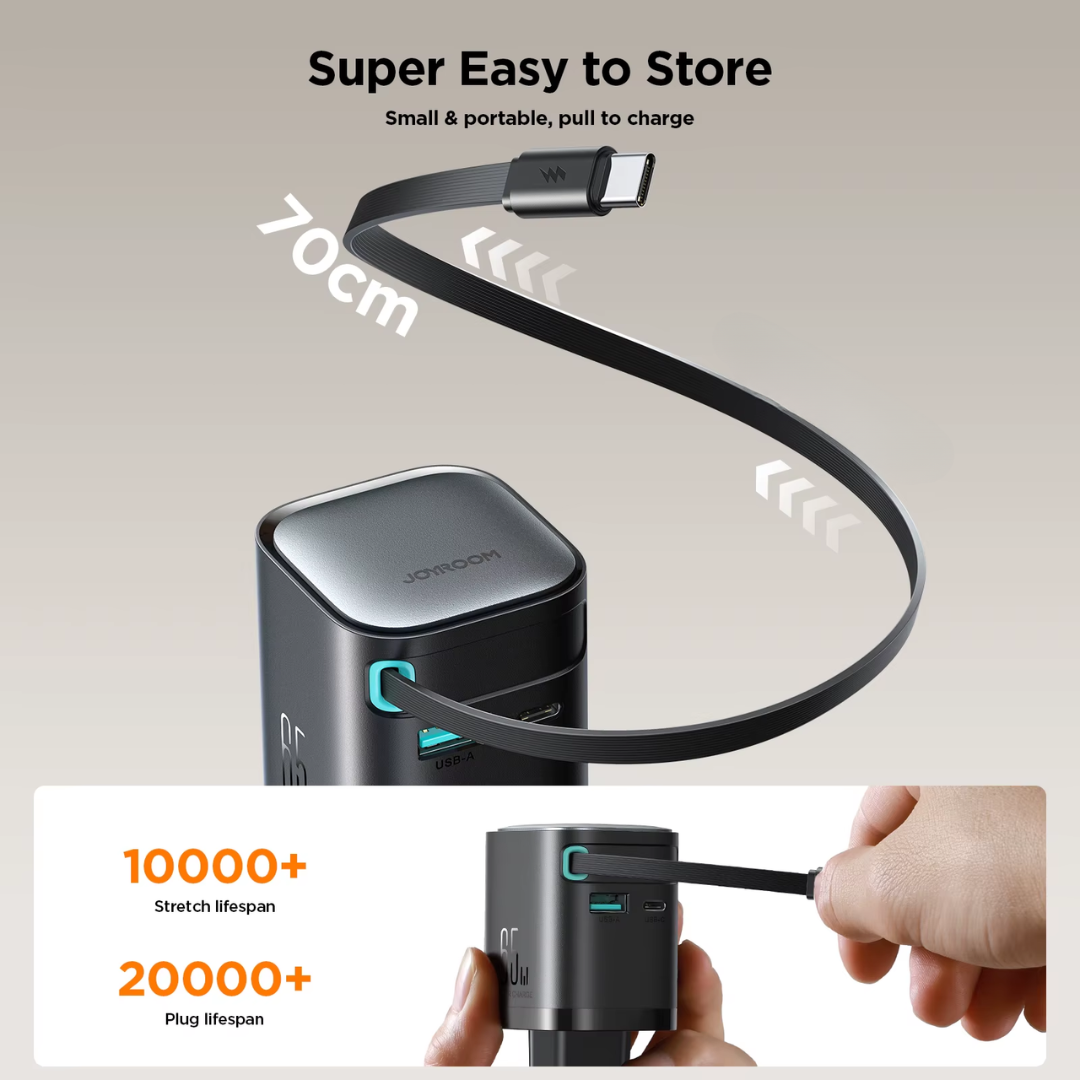65W GAN Dual Port Fast Charger with Built-in Retractable Cable