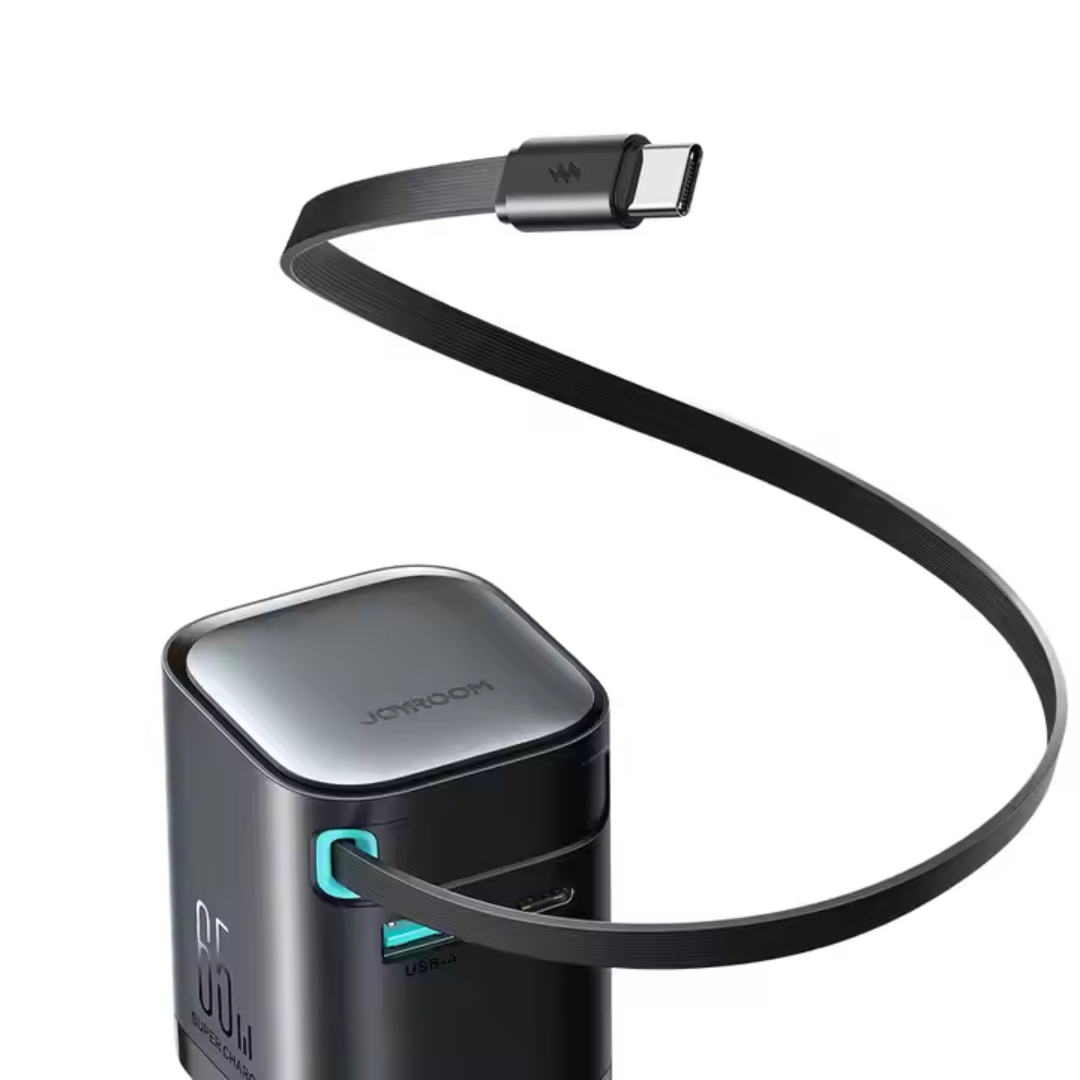 65W GAN Dual Port Fast Charger with Built-in Retractable Cable